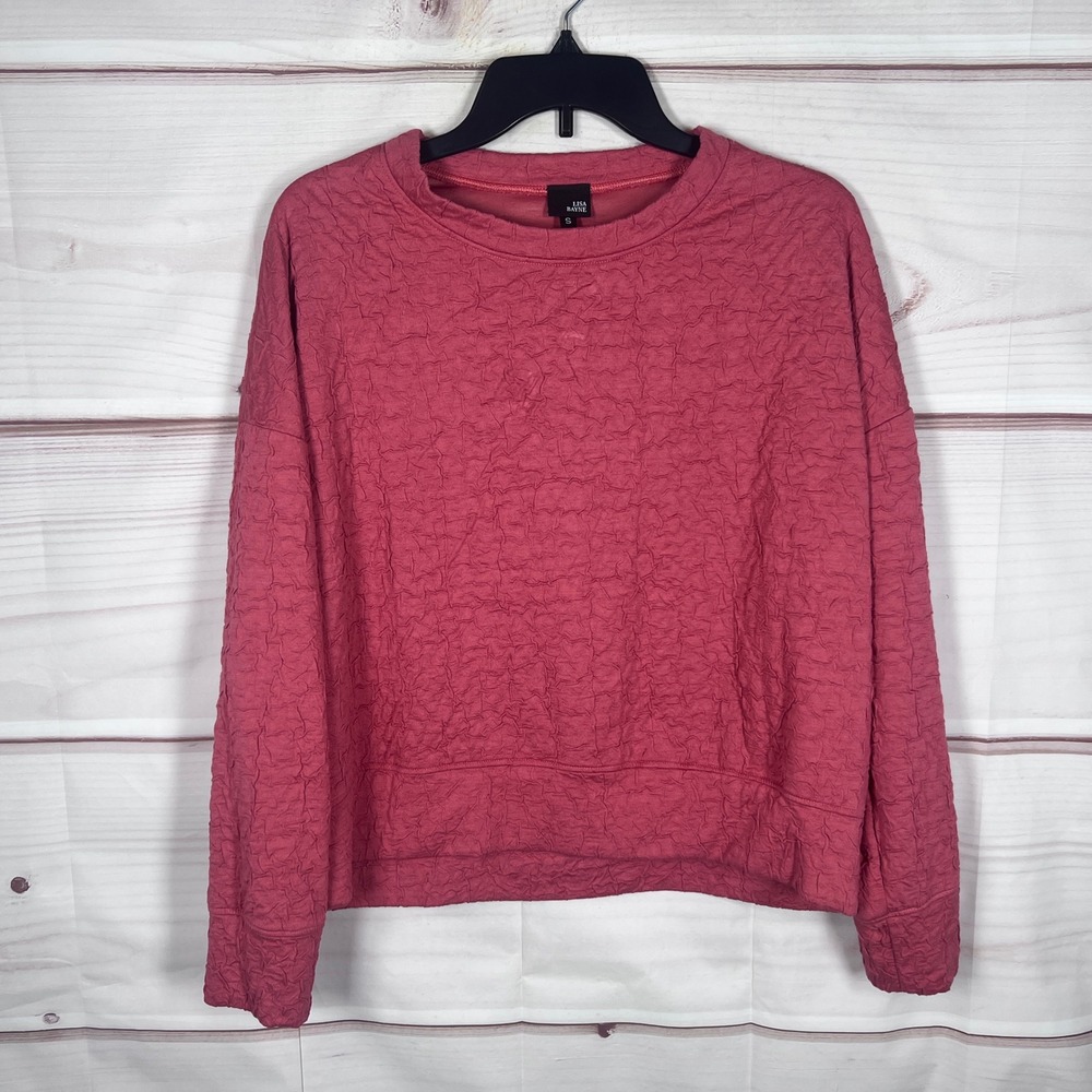 Lisa Bayne Top Women Small Pink Crinkle Knit Boxy Long Sleeve Pullover Lagenlook